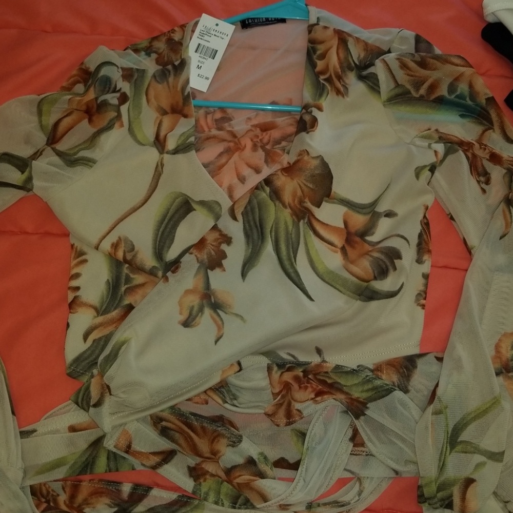 tan floral wrap shirt